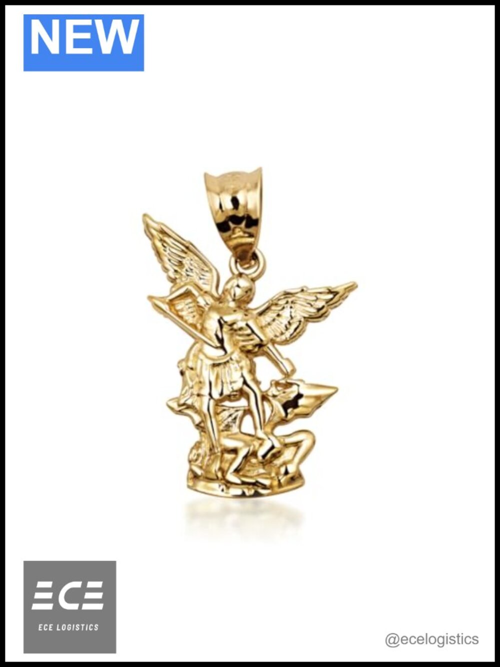 10K 14K Solid Gold Saint Michael Archangel Pendant Necklace 7/8" Rolo Chain